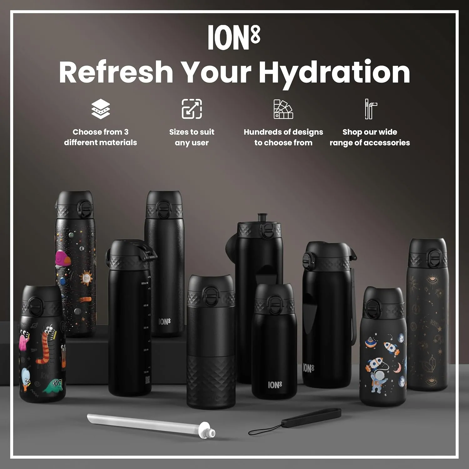 ION8 Steel Water Bottle, 600 ml/20 oz, Leak Proof, Easy to Open, Secure Lock, Dishwasher Safe, Flip Cover, Fits Cup Holders, Carry Handle, Durable, Scratch Resistant, Raised Print, Gaming Design