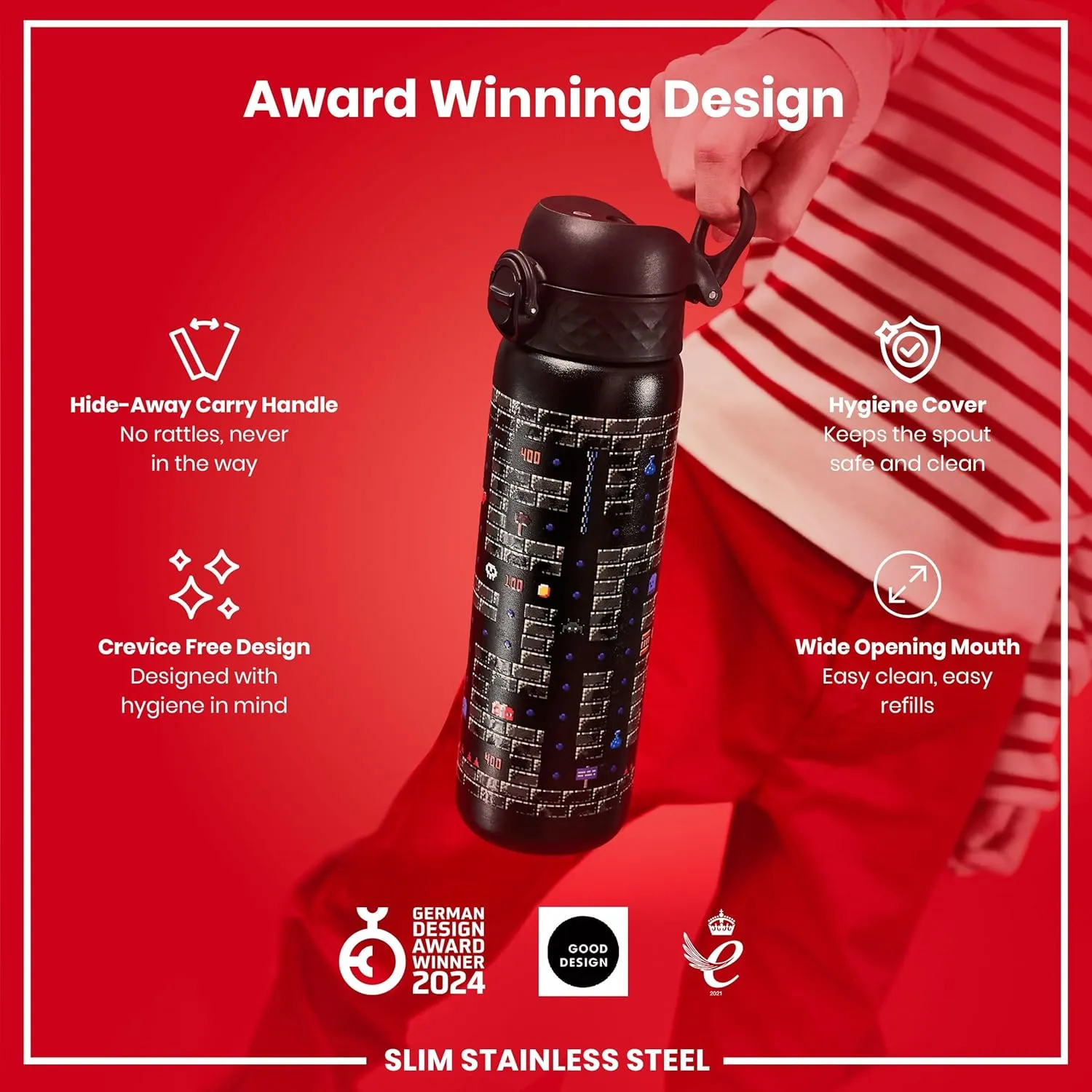 ION8 Steel Water Bottle, 600 ml/20 oz, Leak Proof, Easy to Open, Secure Lock, Dishwasher Safe, Flip Cover, Fits Cup Holders, Carry Handle, Durable, Scratch Resistant, Raised Print, Gaming Design