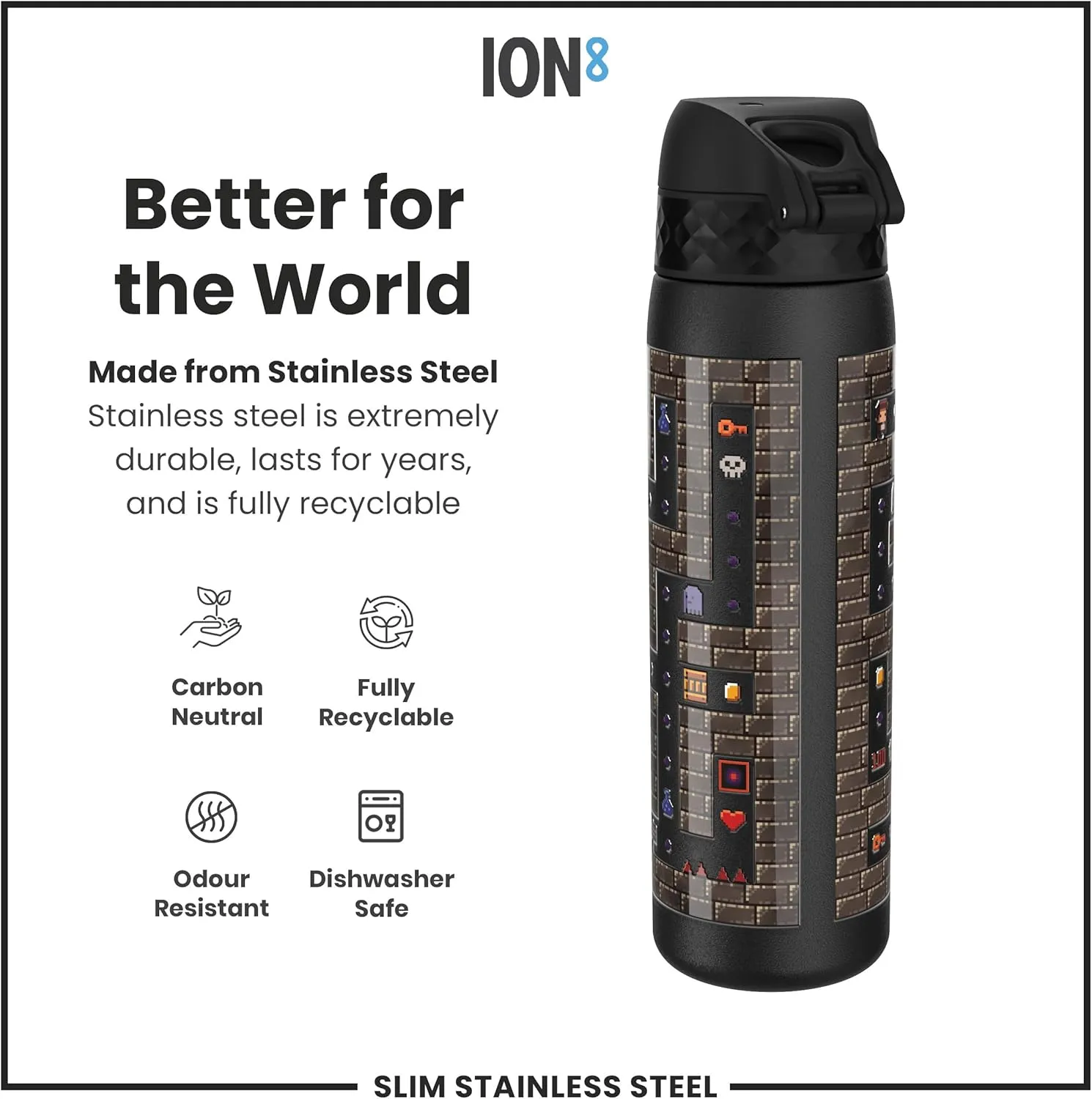 ION8 Steel Water Bottle, 600 ml/20 oz, Leak Proof, Easy to Open, Secure Lock, Dishwasher Safe, Flip Cover, Fits Cup Holders, Carry Handle, Durable, Scratch Resistant, Raised Print, Gaming Design