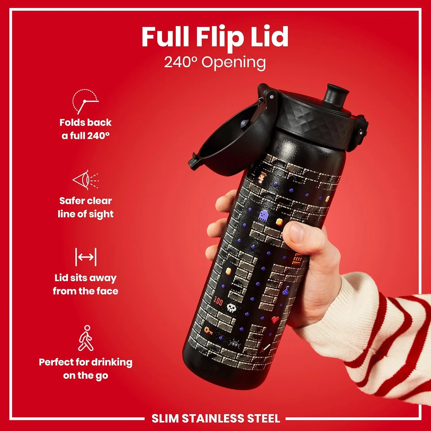 ION8 Steel Water Bottle, 600 ml/20 oz, Leak Proof, Easy to Open, Secure Lock, Dishwasher Safe, Flip Cover, Fits Cup Holders, Carry Handle, Durable, Scratch Resistant, Raised Print, Gaming Design