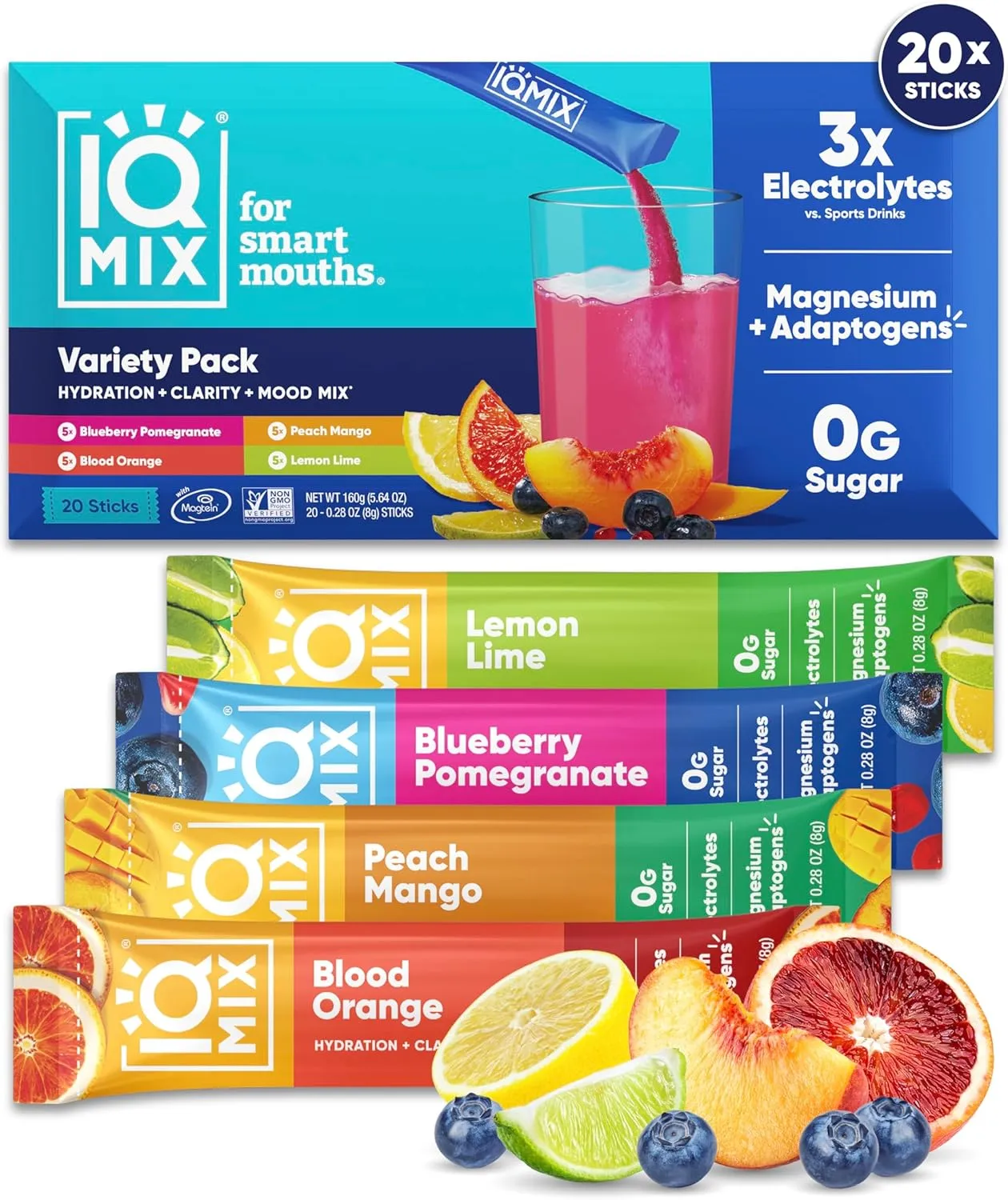 IQMIX Hydration Electrolyte Powder – 4-in-1 Formula for Hydration, Mental Clarity, Mood and Recovery – Sugar-Free Drink Mix, Keto, Magnesium L-Threonate, Lion’s Mane – 20 Count Variety Pack