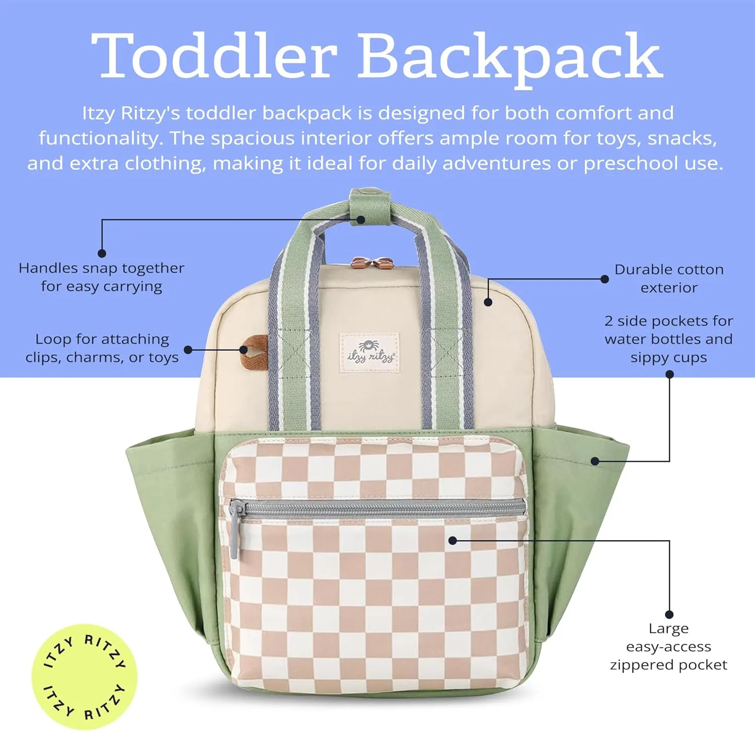 Itzy Ritzy Toddler Backpack - Daycare Bag - Features Adjustable Shoulder Straps, 2 Side Pockets & Spacious Interior with Wipeable Fabric Lining & Name Label, Checkerboard Backpack
