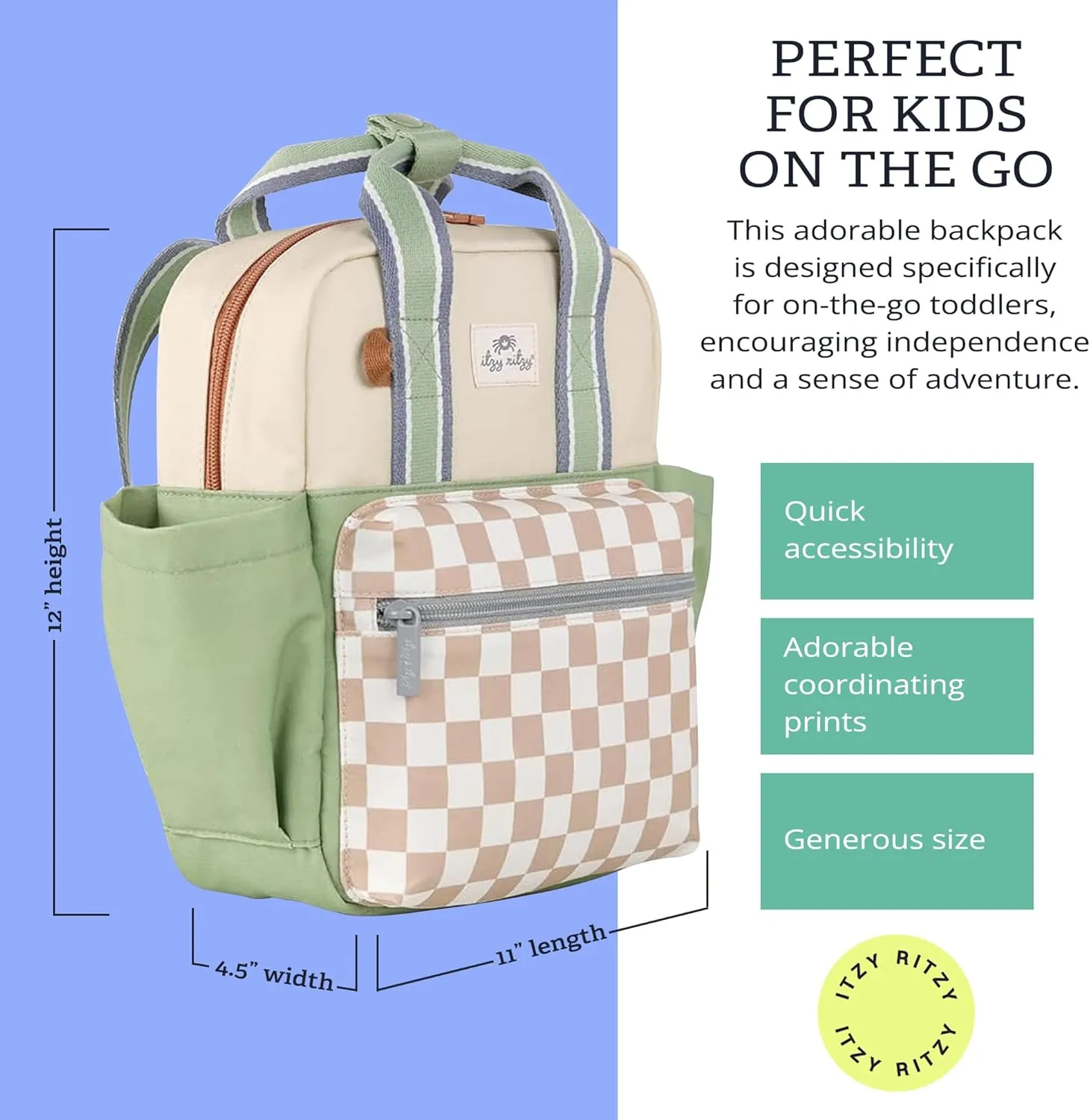 Itzy Ritzy Toddler Backpack - Daycare Bag - Features Adjustable Shoulder Straps, 2 Side Pockets & Spacious Interior with Wipeable Fabric Lining & Name Label, Checkerboard Backpack