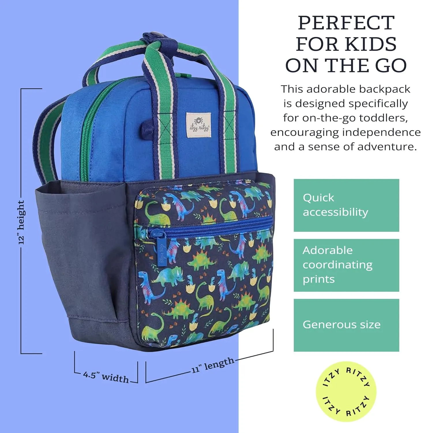 Itzy Ritzy Toddler Backpack - Daycare Bag - Features Adjustable Shoulder Straps, 2 Side Pockets & Spacious Interior with Wipeable Fabric Lining & Name Label, Dinosaur Backpack