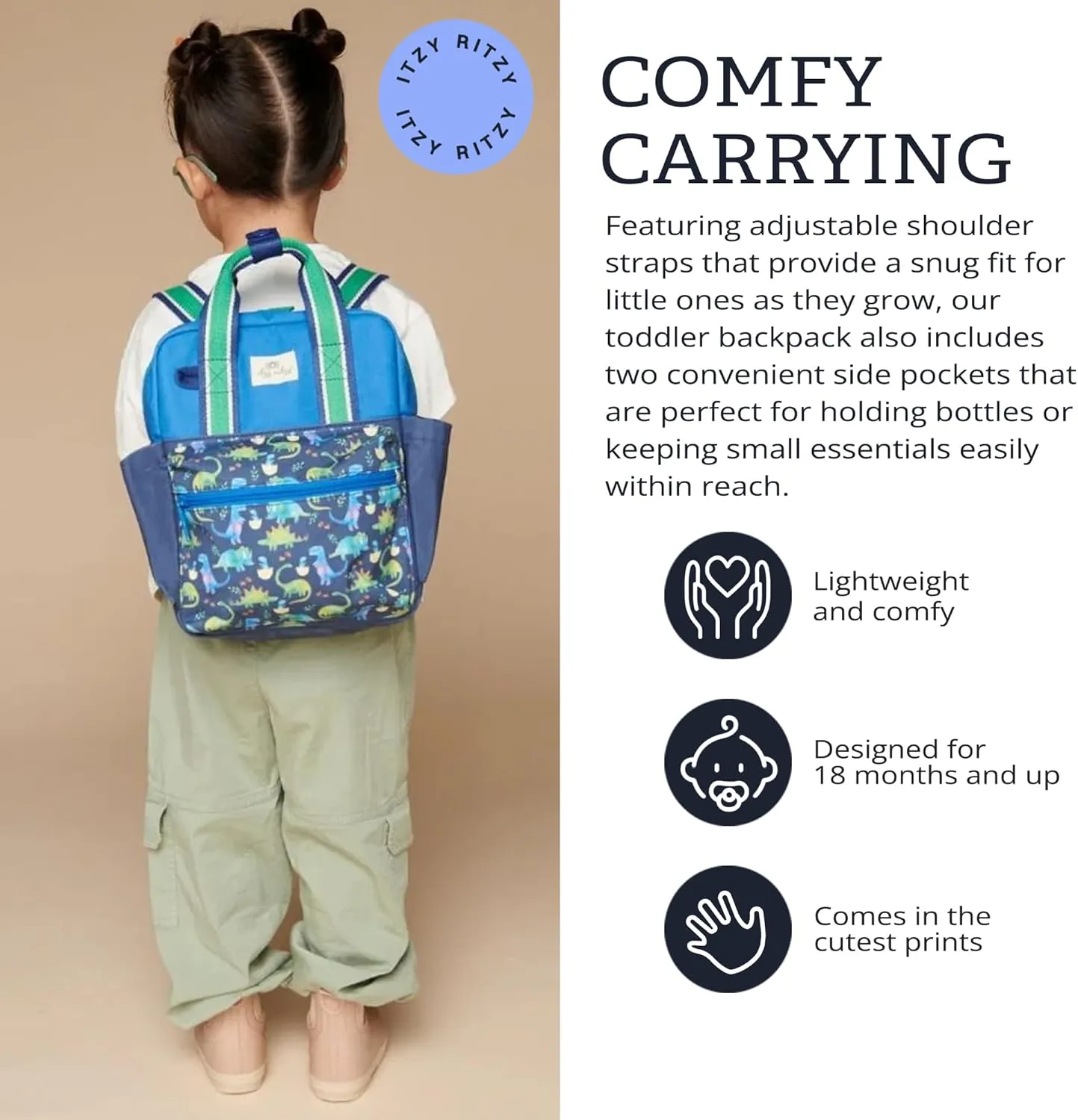 Itzy Ritzy Toddler Backpack - Daycare Bag - Features Adjustable Shoulder Straps, 2 Side Pockets & Spacious Interior with Wipeable Fabric Lining & Name Label, Dinosaur Backpack