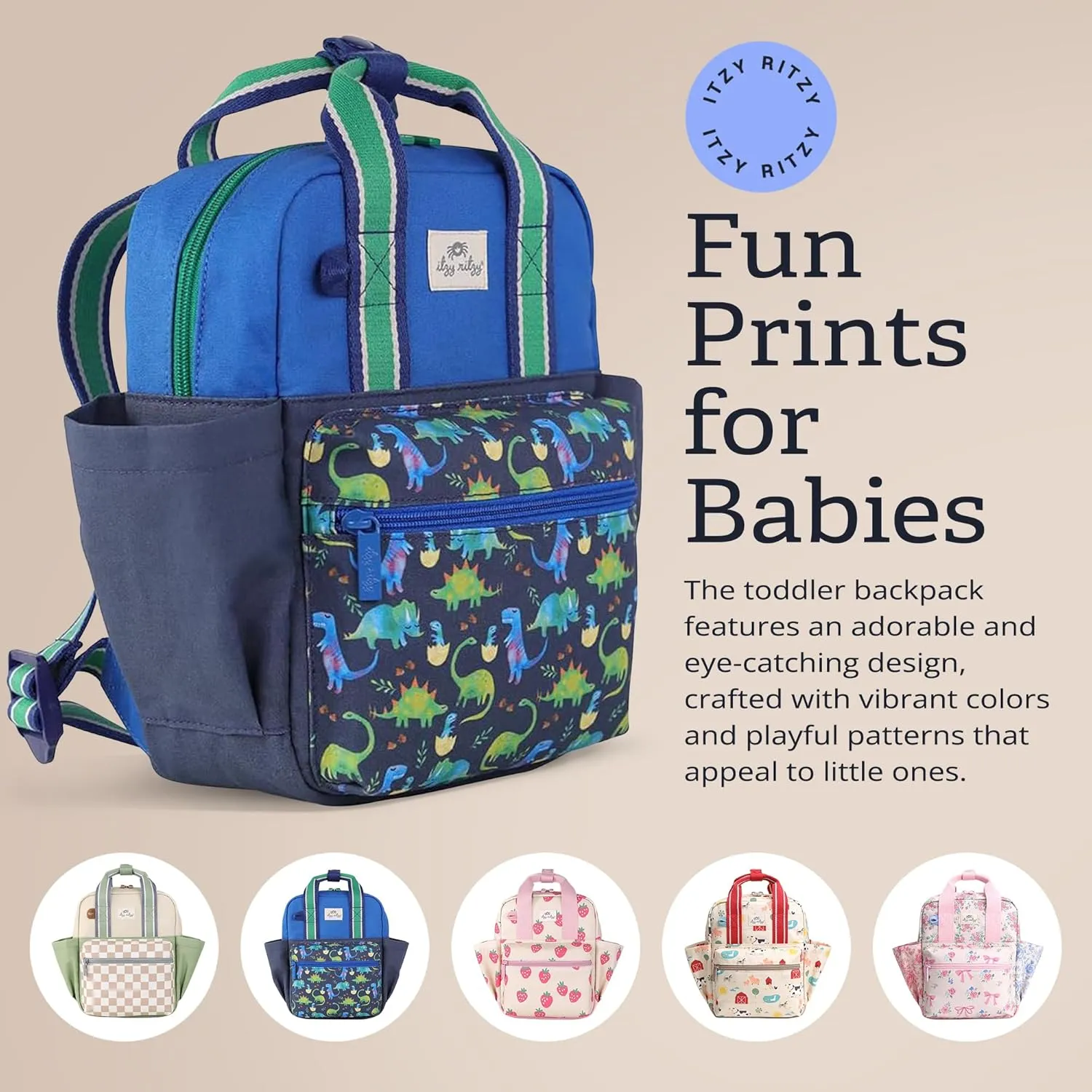 Itzy Ritzy Toddler Backpack - Daycare Bag - Features Adjustable Shoulder Straps, 2 Side Pockets & Spacious Interior with Wipeable Fabric Lining & Name Label, Dinosaur Backpack