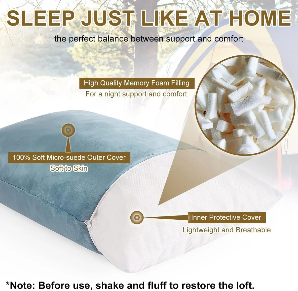Ivellow Memory Foam Travel Pillow Compressible Camping Pillow for Sleeping Shredded Memory Foam Pillow Compact Firm Supportive Travel Pillow for Adults Kids Outdoor Hiking Essential Gear Blue-S