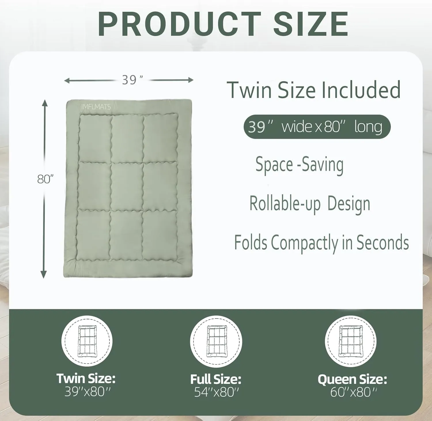 Japanese Floor Mattress Futon Mattress Twin Size (39"x80") Foldable Tatami Mattress Portable Roll Up Sleeping Pad for Adults,Guest Bed,Dormitory,Camping,Green A
