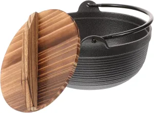 Japanese Style Iron Hot Pot Nonstick Camping Cookware with Wooden Lid Durable Outdoor Cooking Pot for Sukiyaki for Picnics and Hiking