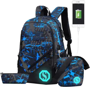 JiaYou Teenage Boy Girl Unisex 20L Multifunctional School Bag Backpack Set with Florescent Mark