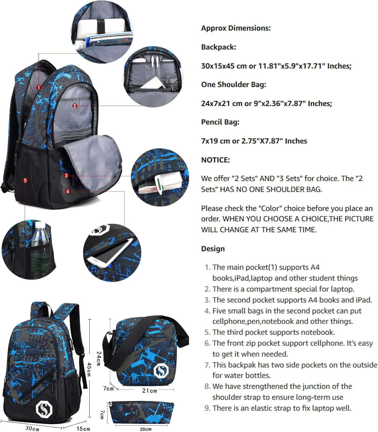 JiaYou Teenage Boy Girl Unisex 20L Multifunctional School Bag Backpack Set with Florescent Mark
