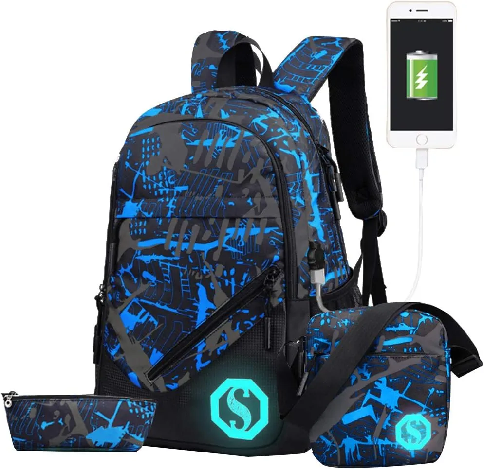 JiaYou Teenage Boy Girl Unisex 20L Multifunctional School Bag Backpack Set with Florescent Mark