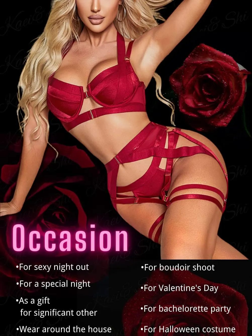 Kaei&Shi Strappy Harness, All Adjustable, Underwire Racerback, 4pc Garter Set