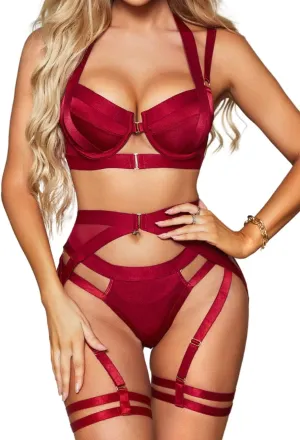 Kaei&Shi Strappy Harness, All Adjustable, Underwire Racerback, 4pc Garter Set