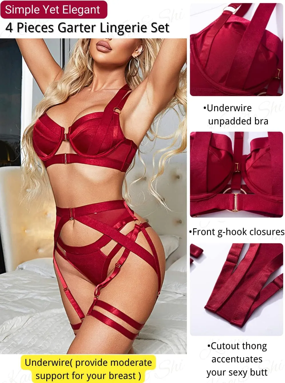 Kaei&Shi Strappy Harness, All Adjustable, Underwire Racerback, 4pc Garter Set