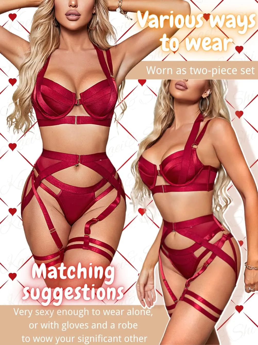 Kaei&Shi Strappy Harness, All Adjustable, Underwire Racerback, 4pc Garter Set