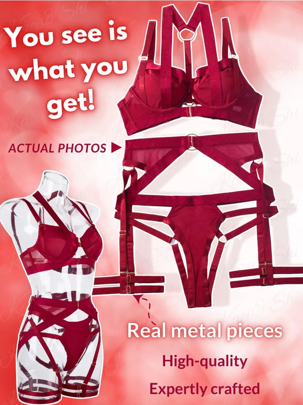 Kaei&Shi Strappy Harness, All Adjustable, Underwire Racerback, 4pc Garter Set