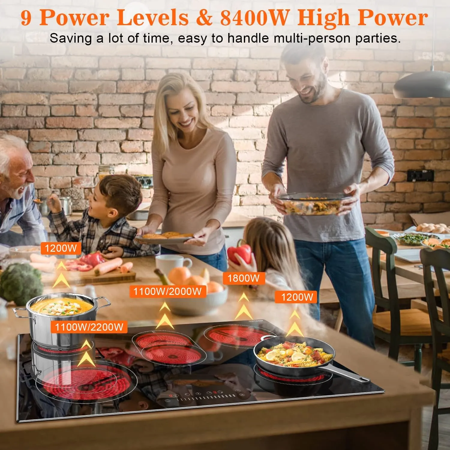 Karinear Electric Cooktop 30 Inch, 8400w 5 Burners Electric Stove Top, Built-in Ceramic Cooktop with Glass Protection Metal Frame, Multifunctional Stove for 220-240v, Hard Wire, No Plug