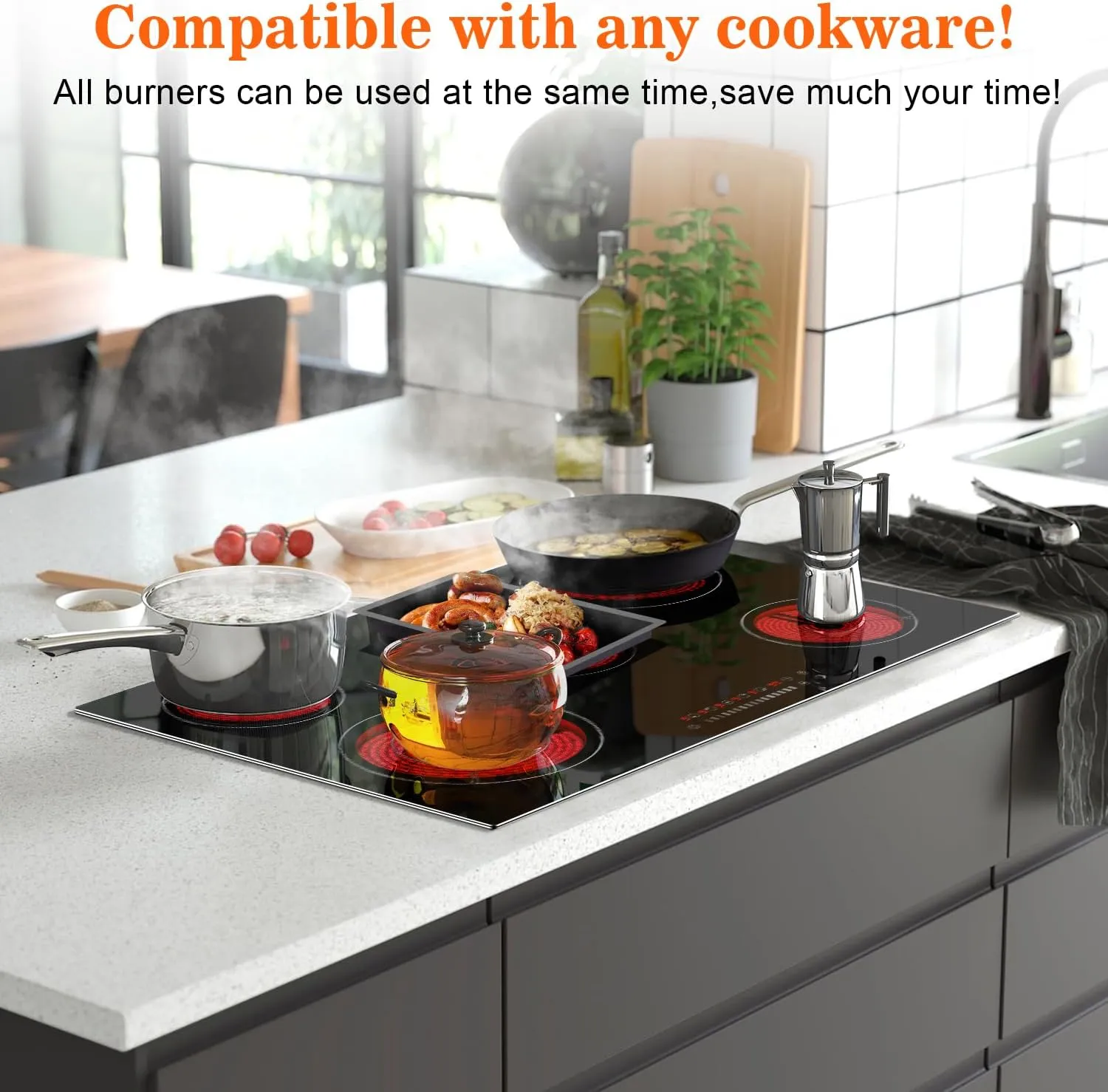 Karinear Electric Cooktop 30 Inch, 8400w 5 Burners Electric Stove Top, Built-in Ceramic Cooktop with Glass Protection Metal Frame, Multifunctional Stove for 220-240v, Hard Wire, No Plug