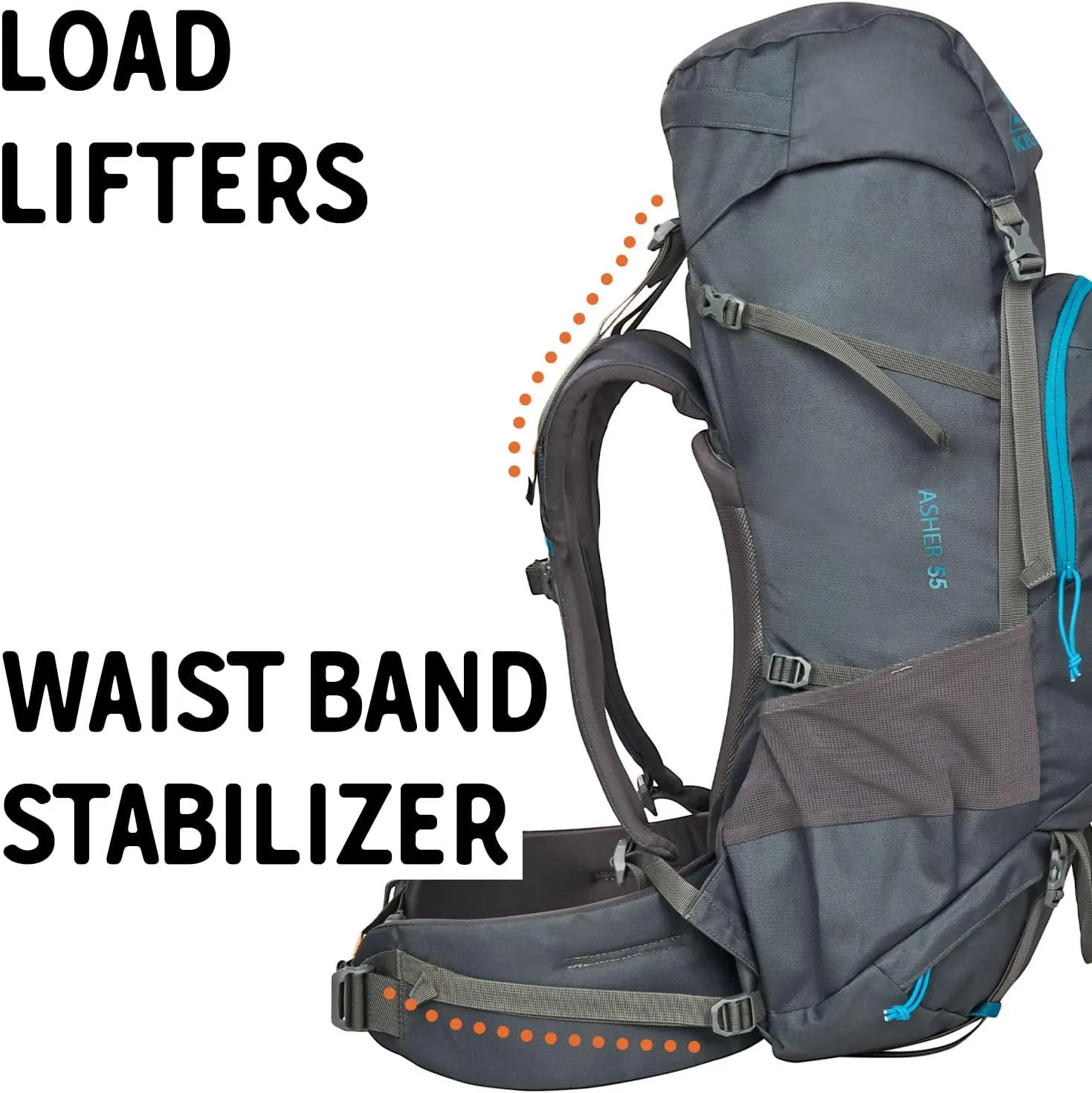 Kelty Asher Day Hiking Pack, 18-85 Liter Capacity, Hiking, Backpacking, Travel Pack, Internal Frame 2023 Model (55L Beluga)