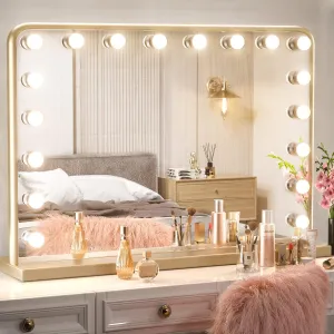 Keonjinn Large Gold Vanity Mirror with Lights, 18 Replaceable Bulbs Hollywood Makeup Mirror with 2 Replacement Bulbs, 3 Color Lights, Aluminum Metal Frame, USB Charging Port, 24" x 32" Lighted Mirror
