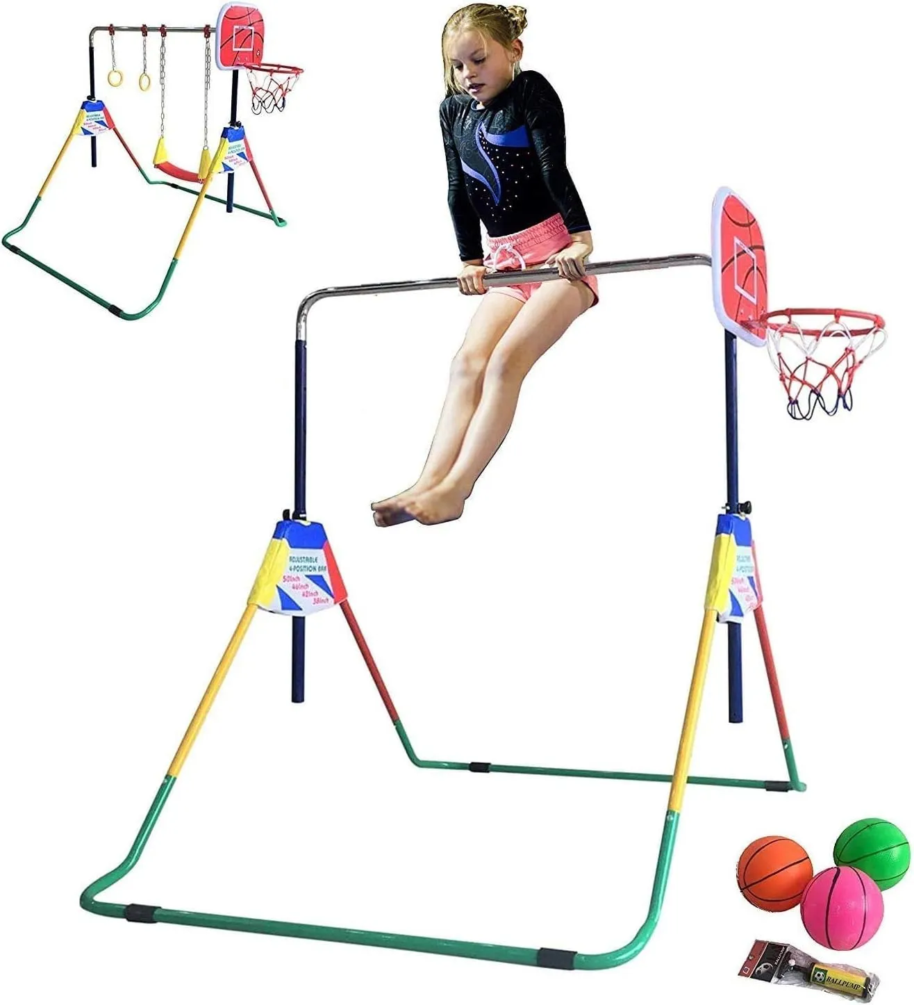 Kids Jungle Gym 4 in 1 Monkey Bar Playground Horizontal Gymnastics Bar, Deluxe Swing Set, Trapeze Rings and Basketball Net Adjustable Foldable
