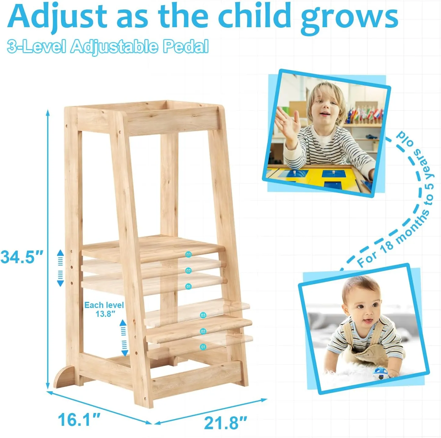 Kids Kitchen Step Stool, Step Stool for Toddlers, Adjustable Height Toddler Standing Tower, Anti-Slip Protection with guardrail, The Anti-Tipping Structure is More Stable (Natural)