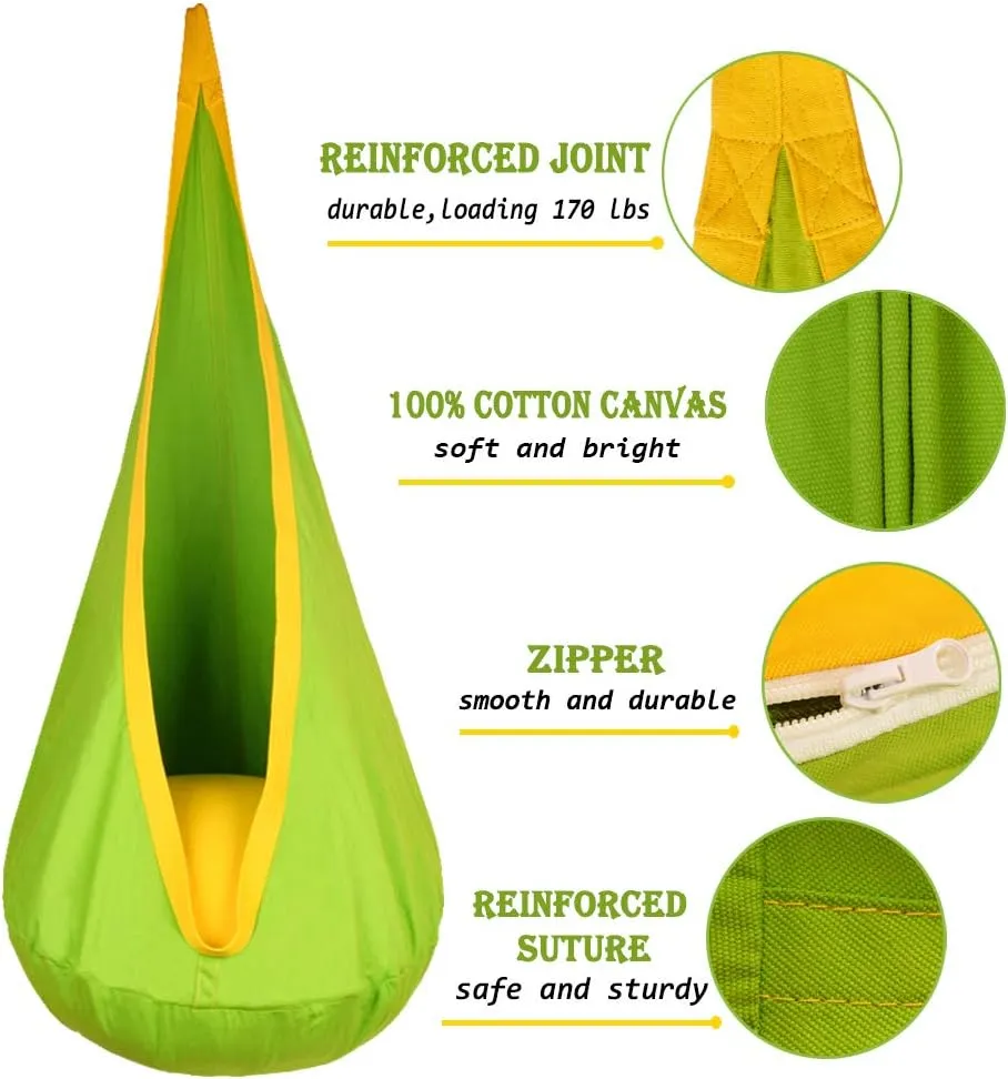 Kids Pod Swing Hanging Seat Child Hammock Chair Indoor and Outdoor Sensory Swing 100% Cotton Loading Capacity 170 lbs (Green)