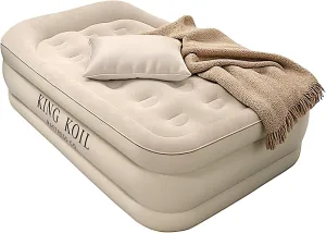 King Koil Plush Pillow Top Twin Air Mattress with Built-in High-Speed Pump for Camping, Home & Guests - 20” Twin Size Airbed Luxury Inflatable Blow Up Mattress, Waterproof, 1-Year Warranty