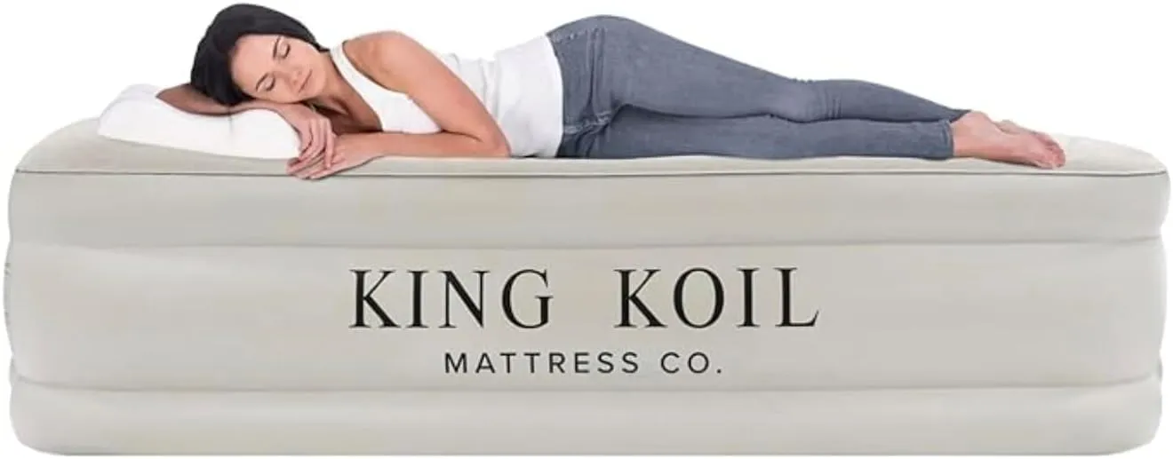 King Koil Plush Pillow Top Twin Air Mattress with Built-in High-Speed Pump for Camping, Home & Guests - 20” Twin Size Airbed Luxury Inflatable Blow Up Mattress, Waterproof, 1-Year Warranty
