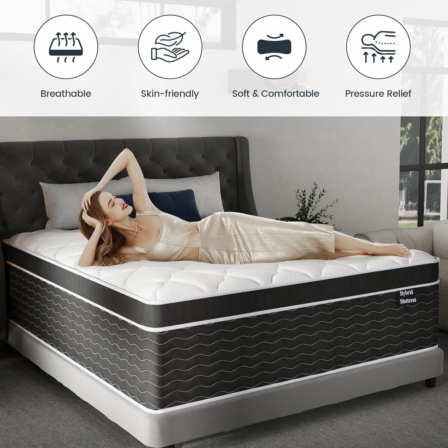 King Size Mattress, 12 inch Hybrid Mattresses in a Box, Firm King Mattress with Gel Memory Foam and Pocket Springs, Pressure Relief & Upgraded Support, Cooling and Breathable