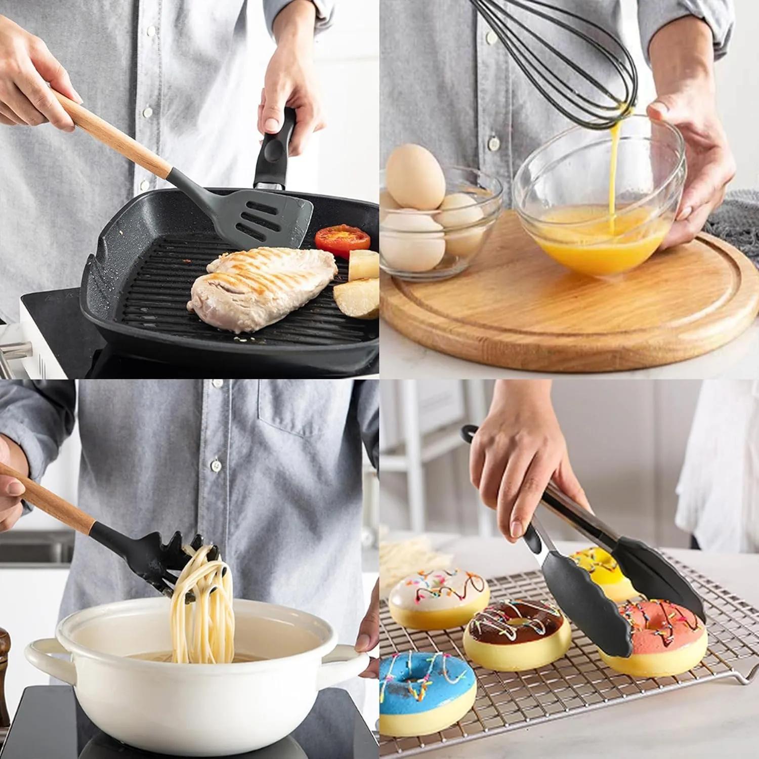 Kitchen Cooking Utensils Set, 12-piece Silicone Kitchen Utensils Set Non-stick Cookware set Is Heat-resistant, BPA-Free, Kitchen Tools set, spoon,spatula(Grey)
