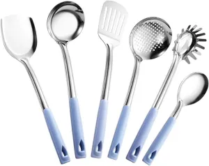 Kitchen Cookware Stainless Steel Cooking Spoons Spatulas Cooking Utensils 6 Pieces Sets Gadgets (Size : Blue)