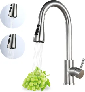 Kitchen Faucet with Pull Down Sprayer, High Arc Brushed Nickel Single Handle Kitchen Sink Faucet, Stainless Steel, 3 Mode(Stream/Spray/Pause), 360° Swivel, Grifos para Fregaderos de Cocina