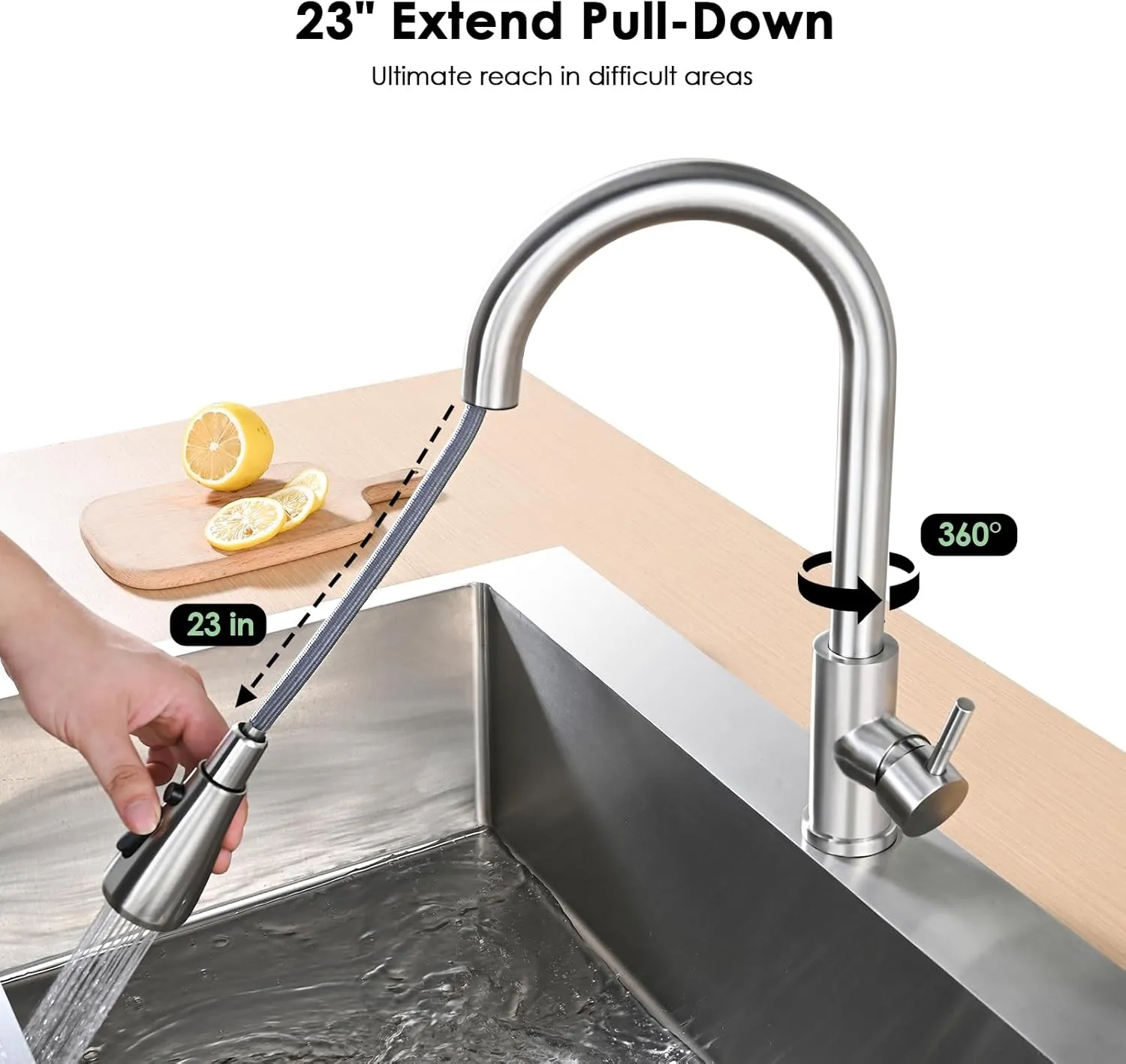 Kitchen Faucet with Pull Down Sprayer, High Arc Brushed Nickel Single Handle Kitchen Sink Faucet, Stainless Steel, 3 Mode(Stream/Spray/Pause), 360° Swivel, Grifos para Fregaderos de Cocina