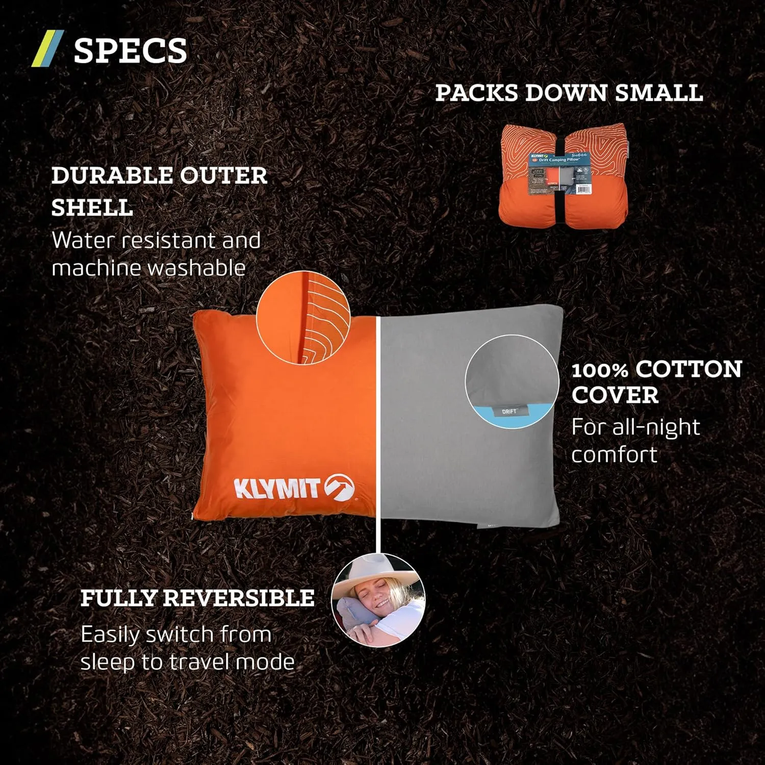 Klymit Drift Camping Pillow, Shredded Memory Foam Travel Pillow with Reversible Cover for Outdoor Use, Orange, Large