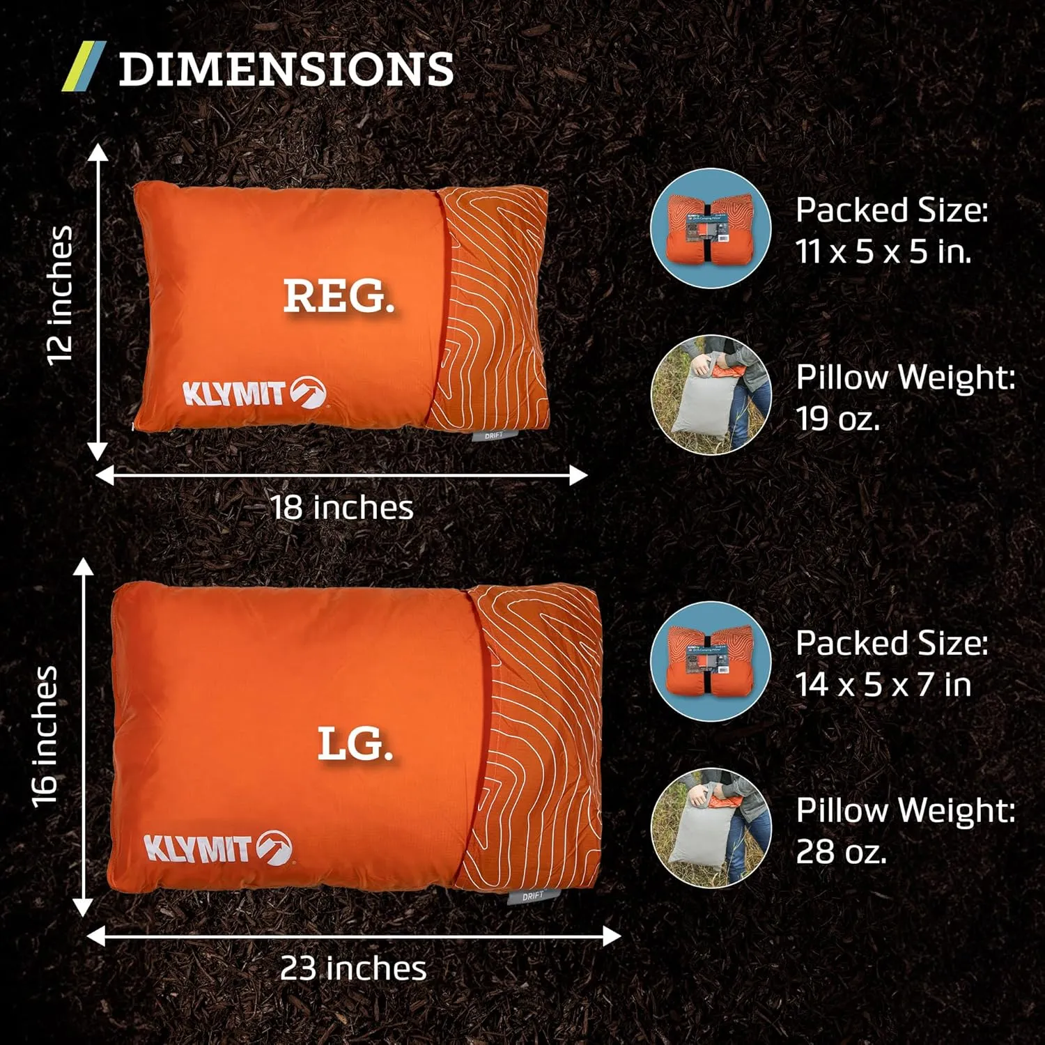 Klymit Drift Camping Pillow, Shredded Memory Foam Travel Pillow with Reversible Cover for Outdoor Use, Orange, Large