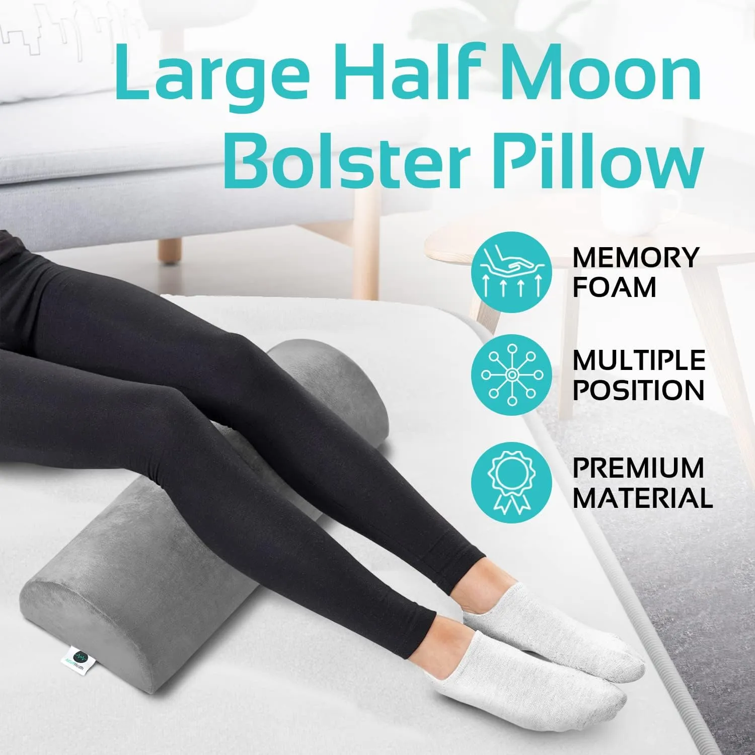 Knee Pillow for Back Sleeping | Large Half Moon Bolster Pillow for Legs, Under Knee Pillow for Sleeping on Back (20.5" x 8" x 4.5") Leg Pillow for Ankle and Foot Comfort, Machine Washable Cover, Grey