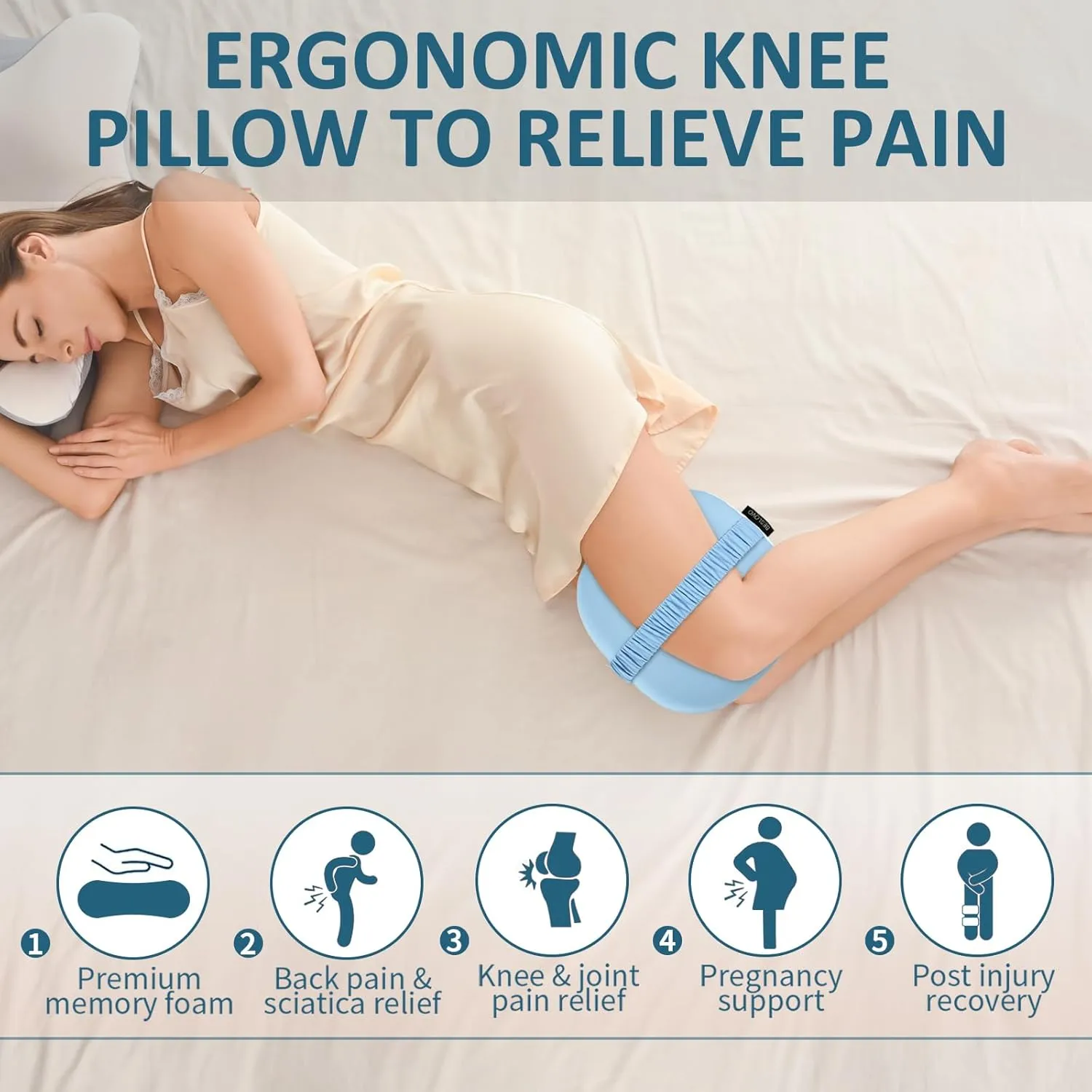 Knee Pillow for Side Sleepers - Hip Pain Relief, Memory Foam Leg Pillow for Side Sleeping, Between Legs Pillow for Sciatica Lower Back Pain, Knee Pillow with Ice Silk Cover and Elastic Strap