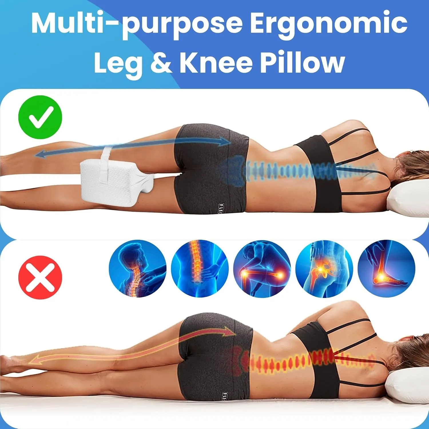 Knee Pillow for Side Sleepers, Support Thighs and Knees for Sciatica, Back, HIPS, Knees, Joints Pain Relief, Comfortable Leg Pillow for Side Sleeping with Storage Bag-Adjustable Strap