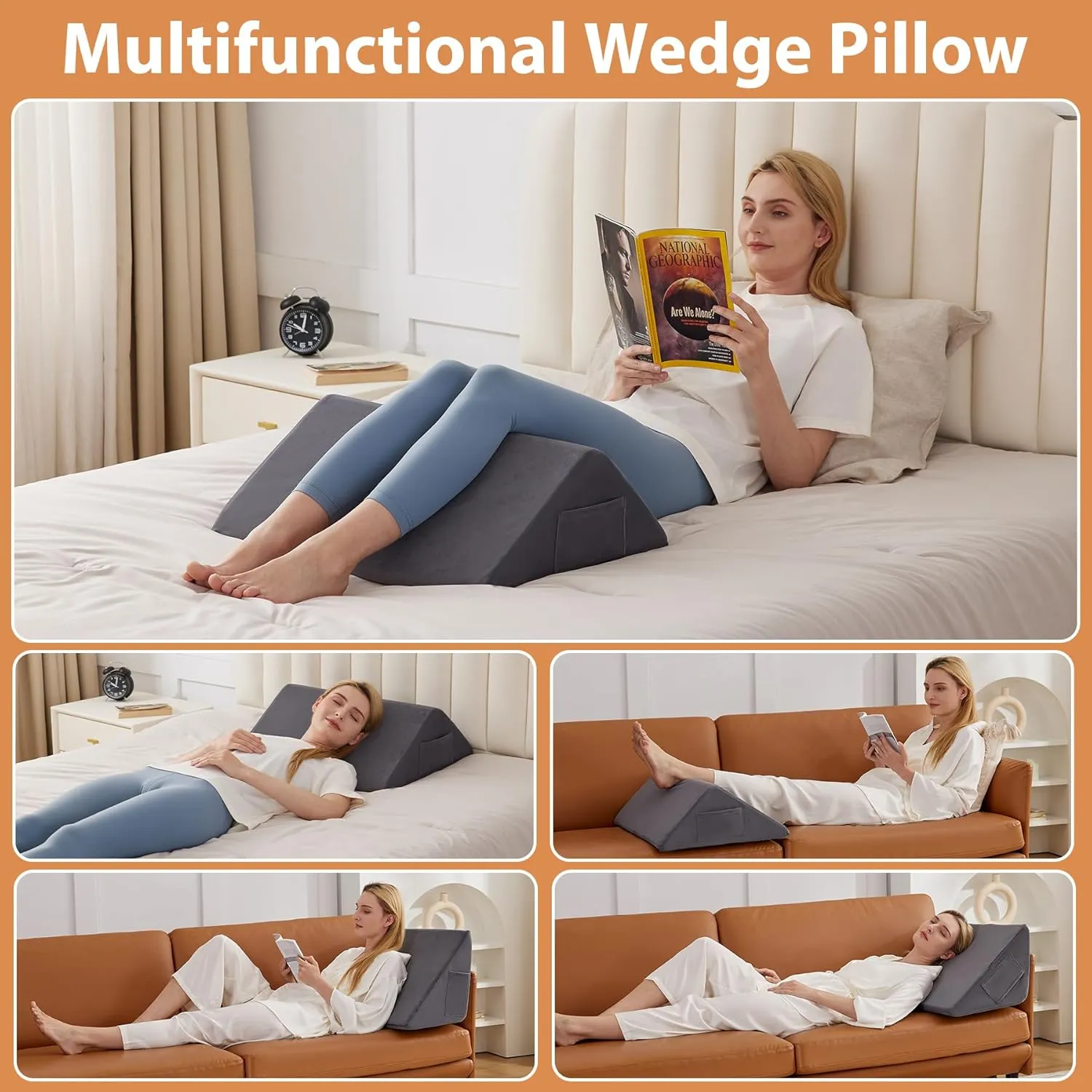 Knee Wedge Pillow for Pain Relief - Memory Foam Leg Elevation Pillow for Post-Surgery Recovery, Sciatica, Hip & Back Support - Knee Wedge for Sleeping, Ankle & Joint Care, Velvet Grey