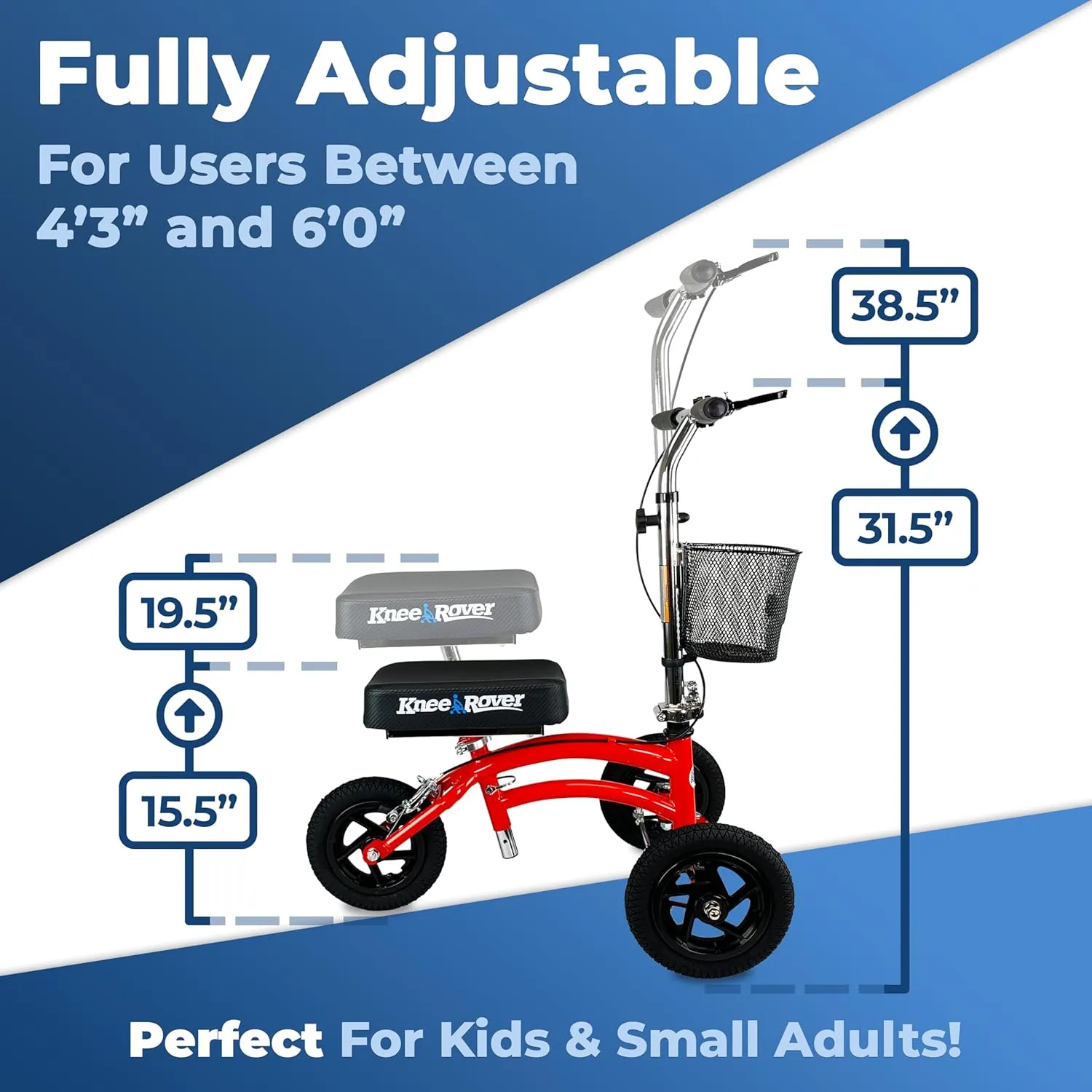 KneeRover Jr All Terrain Knee Scooter for Kids and Small Adults for Foot Surgery Heavy Duty Knee Walker for Broken Ankle Foot Injuries Recovery - Leg Scooter Knee Crutch Alternative (Red)