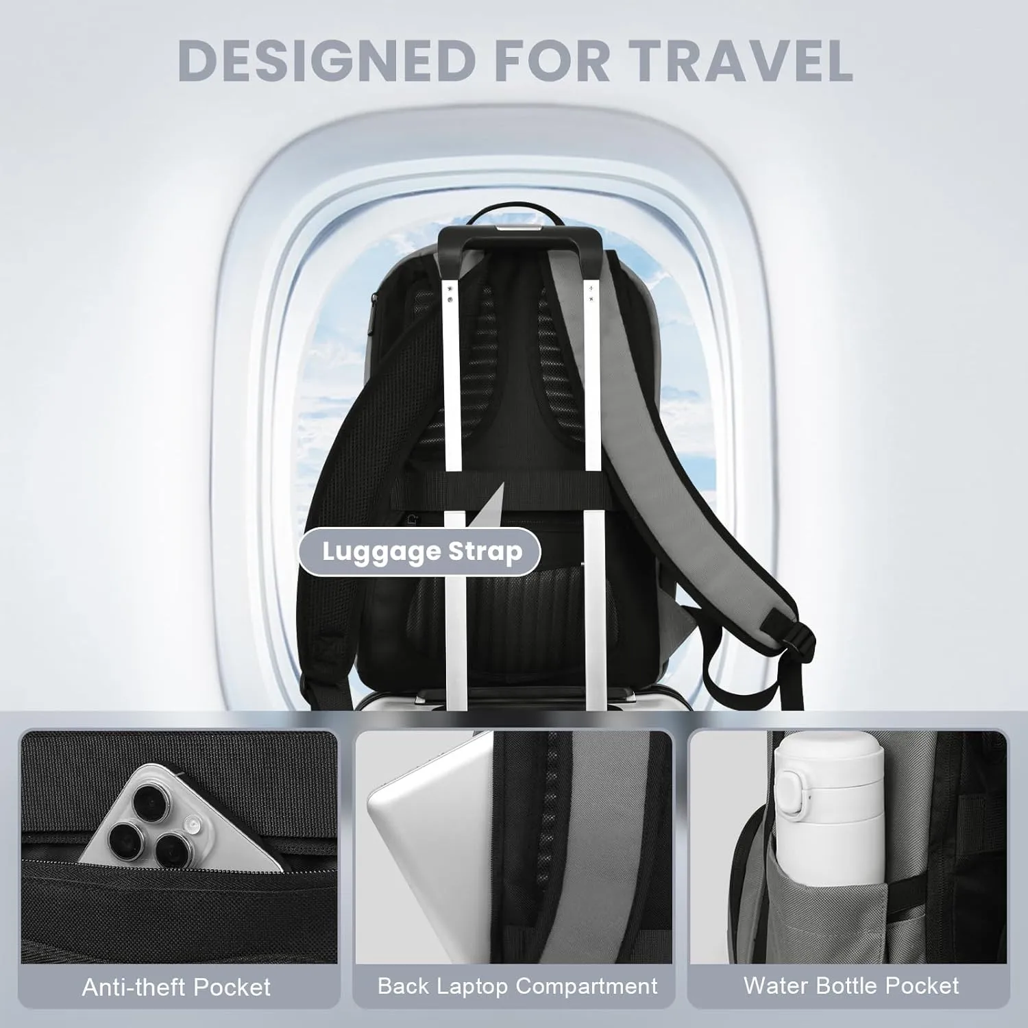 Laptop Backpack for Men, Mens Work Backpack, Bookbag for Men Women, Book Bag for School Teens, Travel Laptop Backpack Fits 15.6 Inch Notebook, Water Resistant Backpack with Luggage Strap (Grey)