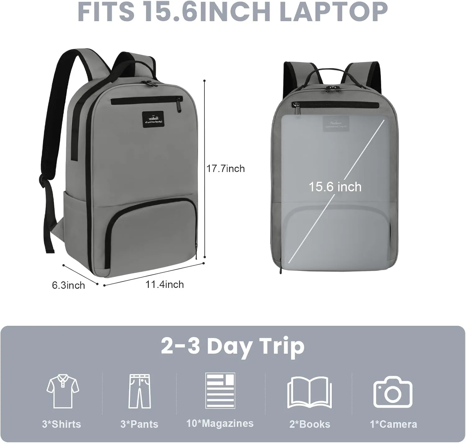 Laptop Backpack for Men, Mens Work Backpack, Bookbag for Men Women, Book Bag for School Teens, Travel Laptop Backpack Fits 15.6 Inch Notebook, Water Resistant Backpack with Luggage Strap (Grey)