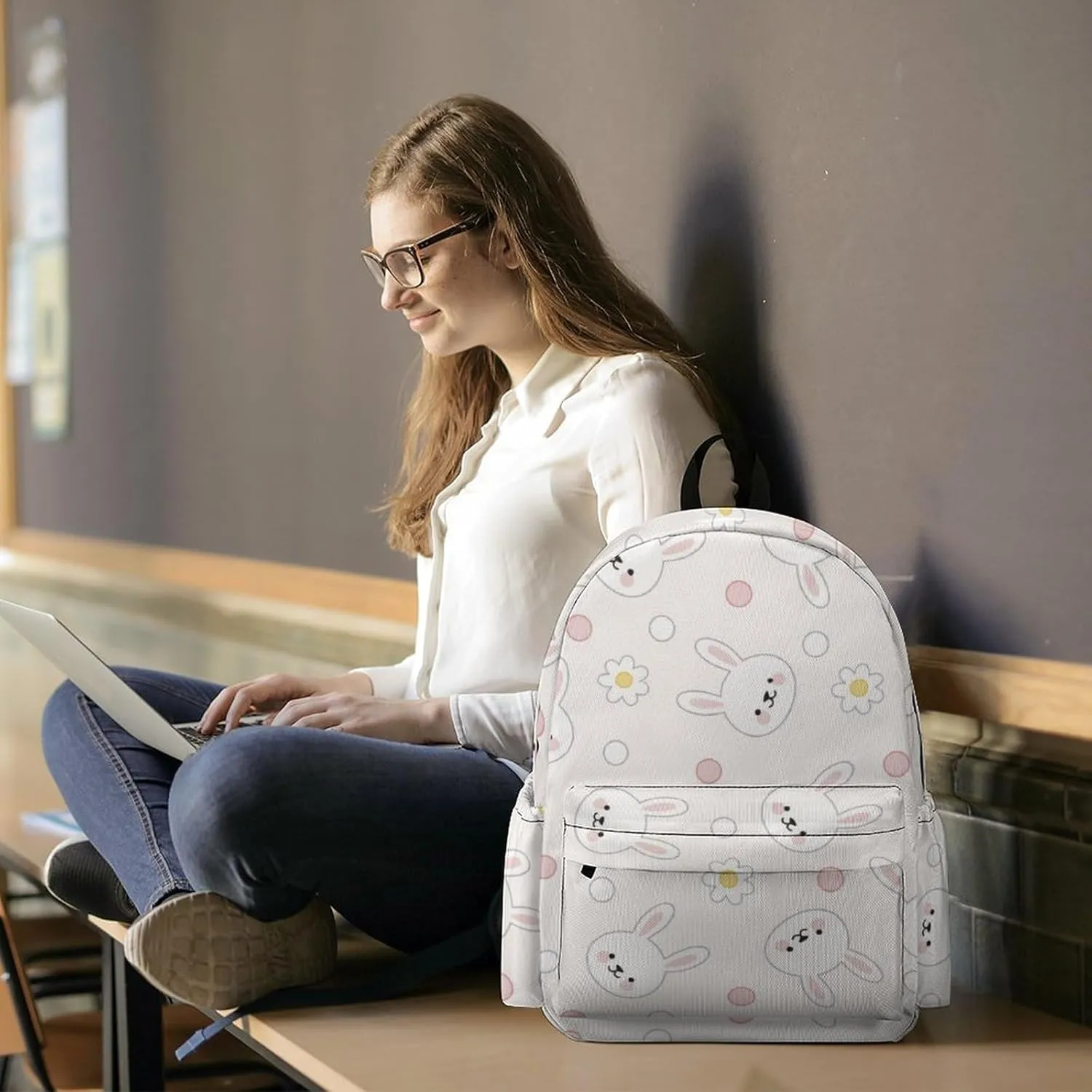 Laptop Backpack for Men Women Cute Bunny Faces Travel Work Backpack with Compartment Large Capacity Flowers And Pink Dots College Daypack Business Work Bag