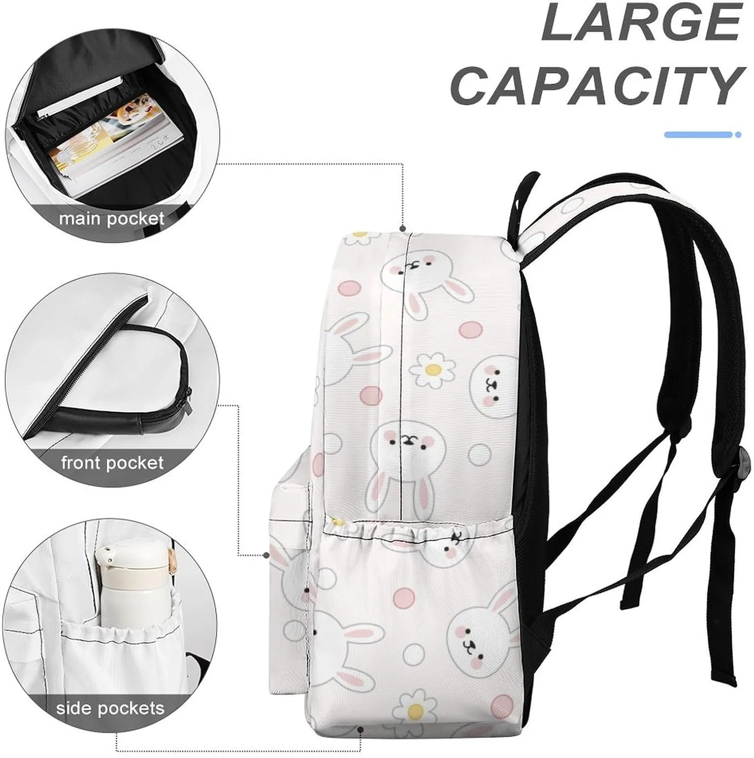 Laptop Backpack for Men Women Cute Bunny Faces Travel Work Backpack with Compartment Large Capacity Flowers And Pink Dots College Daypack Business Work Bag
