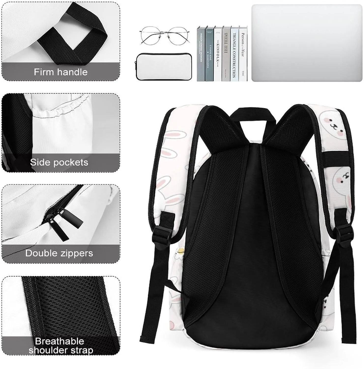 Laptop Backpack for Men Women Cute Bunny Faces Travel Work Backpack with Compartment Large Capacity Flowers And Pink Dots College Daypack Business Work Bag