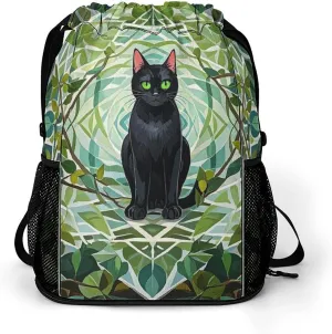 Large Sports Drawstring Backpack Black Cat Printed with Dry-Wet Separation | Digital Print Gym Sack | Waterproof Fabric | Shoe Compartment & PVC Pocket | Hydration Mesh for Fitness, Travel, Work