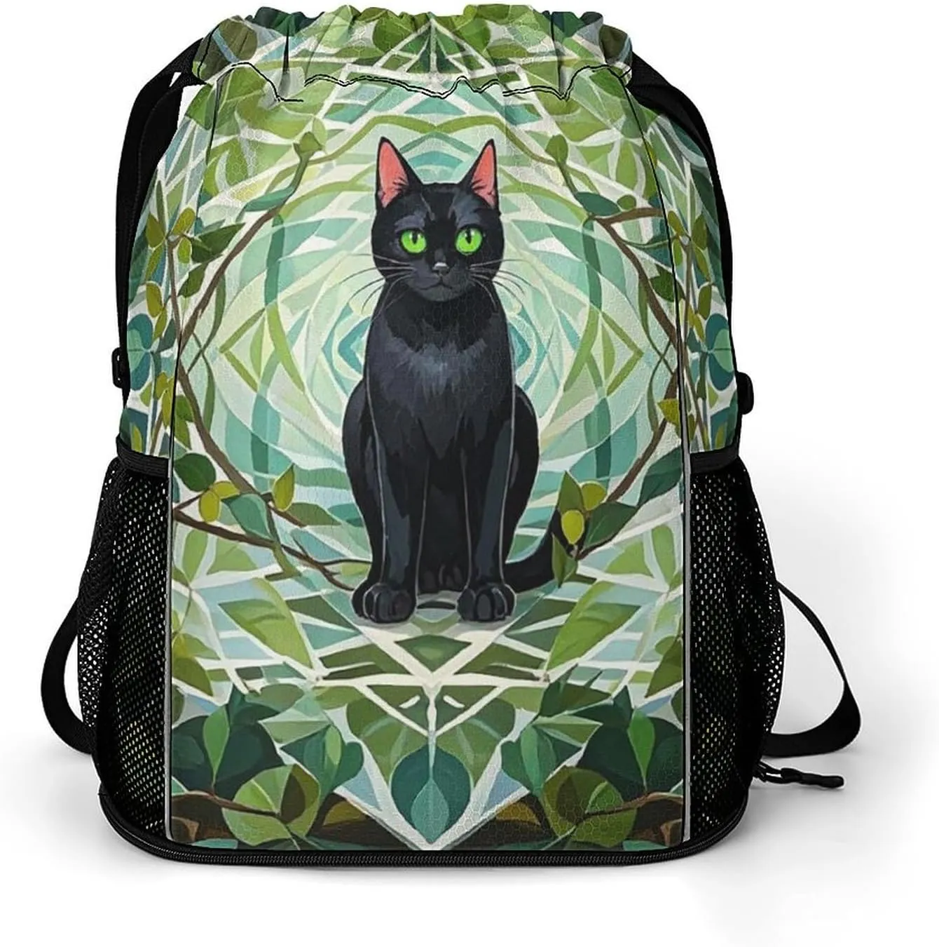 Large Sports Drawstring Backpack Black Cat Printed with Dry-Wet Separation | Digital Print Gym Sack | Waterproof Fabric | Shoe Compartment & PVC Pocket | Hydration Mesh for Fitness, Travel, Work