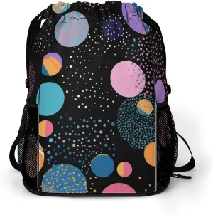 Large Sports Drawstring Backpack Blue And Black Circles Printed with Dry-Wet Separation | Digital Print Gym Sack | Waterproof Fabric | Shoe Compartment & PVC Pocket | Hydration Mesh for Fitness, Trave